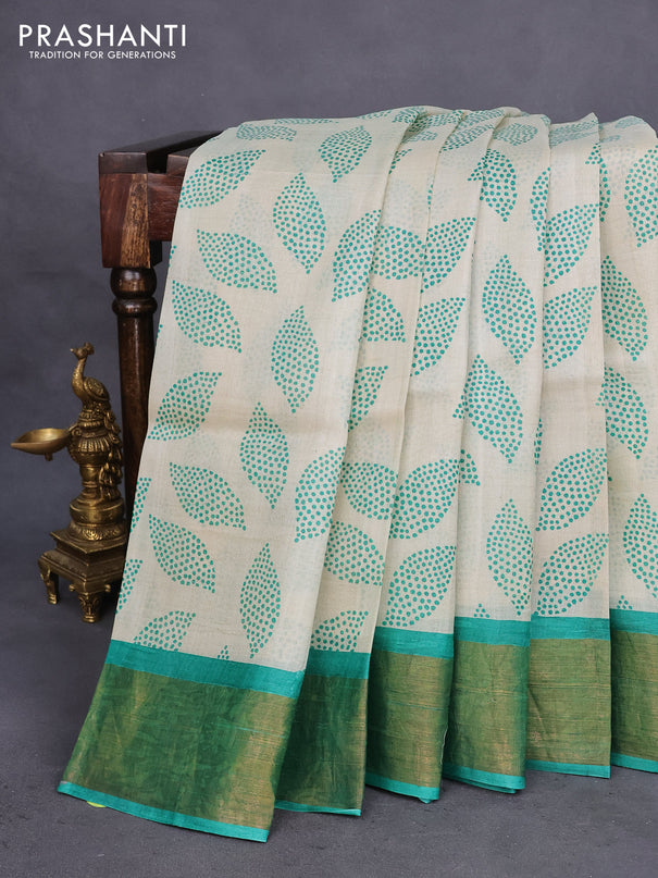 Pure tussar silk saree cream and green with allover prints and zari woven border