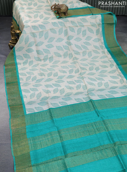 Pure tussar silk saree cream and maroon with allover prints and zari woven border