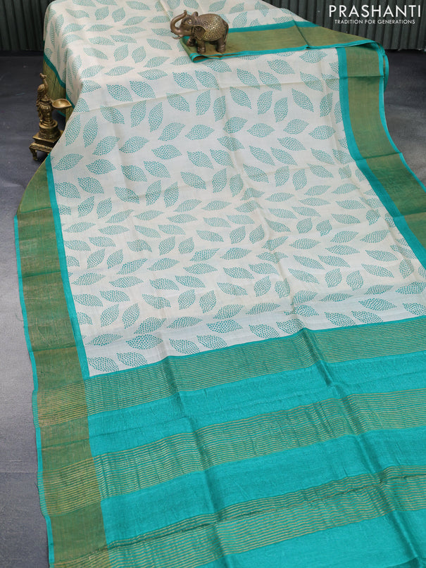 Pure tussar silk saree cream and green with allover prints and zari woven border