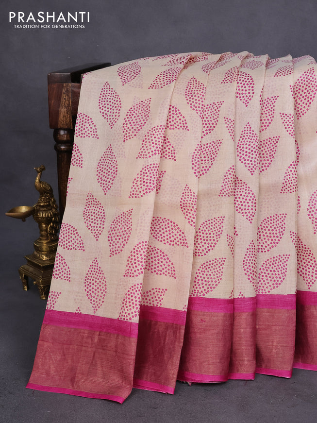 Pure tussar silk saree cream and pink with allover prints and zari woven border