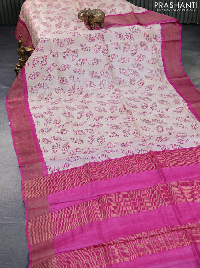 Pure tussar silk saree cream and pink with allover prints and zari woven border