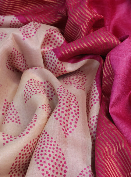 Pure tussar silk saree cream and pink with allover prints and zari woven border