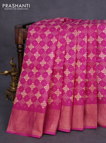 Pure tussar silk saree pink with allover prints and zari woven border