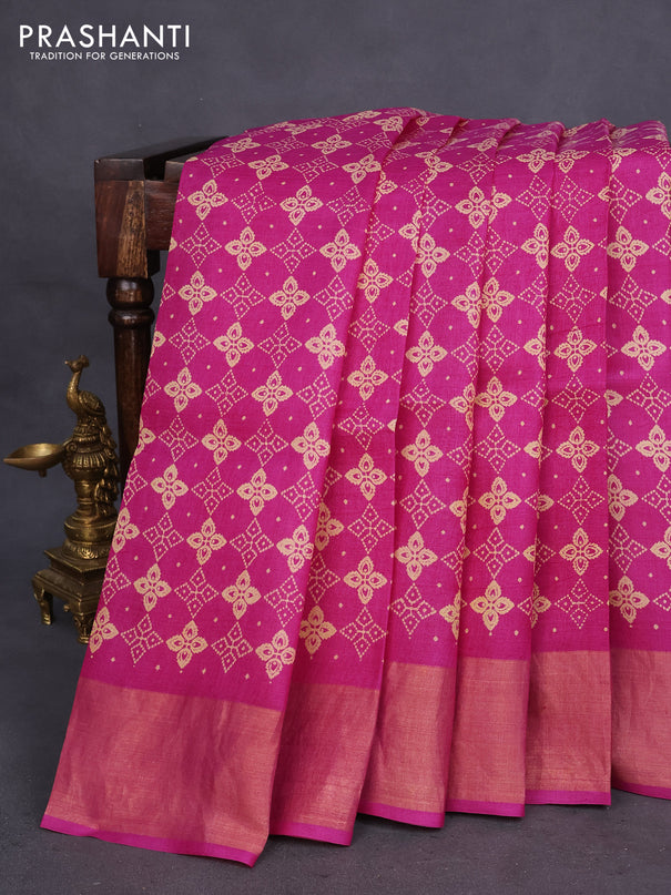 Pure tussar silk saree pink with allover prints and zari woven border