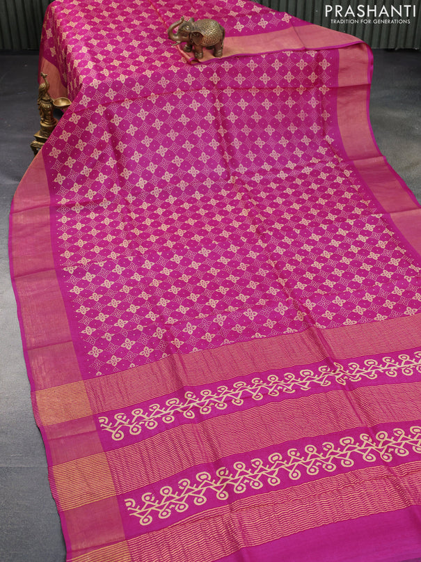 Pure tussar silk saree pink with allover prints and zari woven border