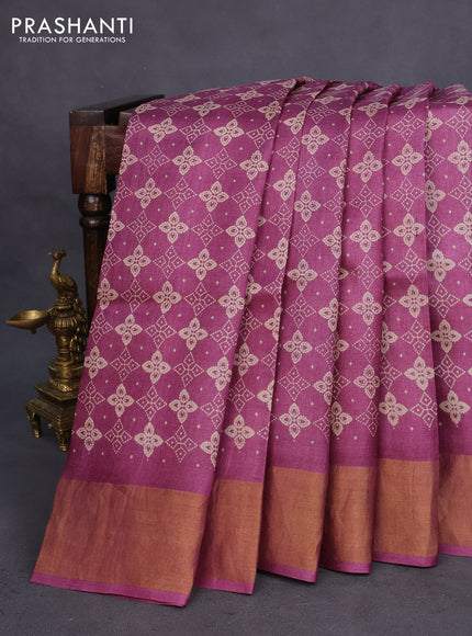 Pure tussar silk saree dark magenta pink with allover prints and zari woven border