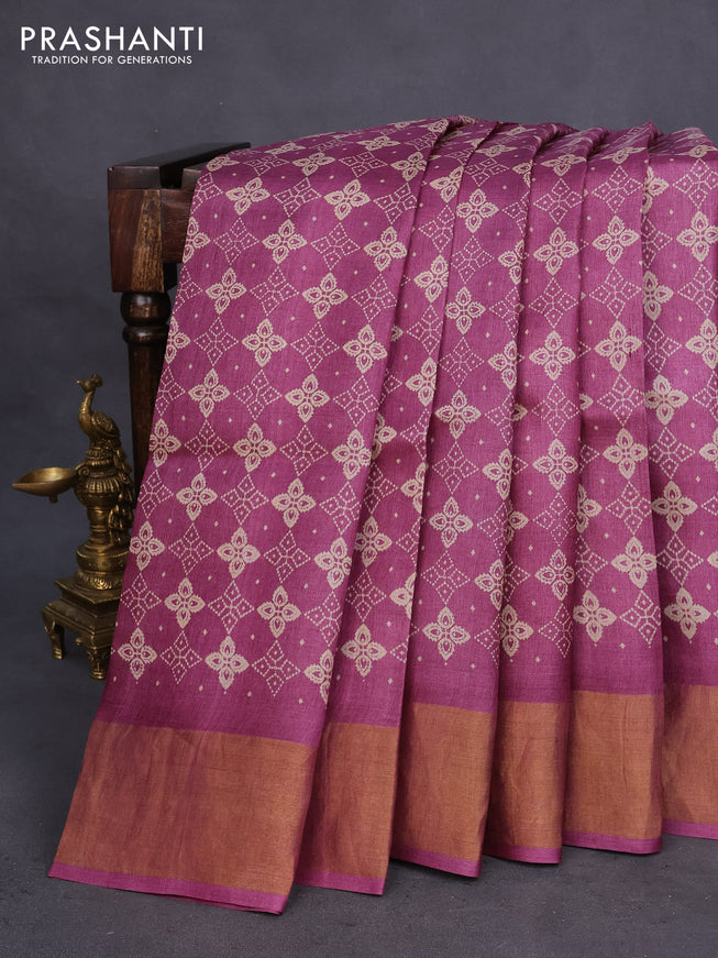 Pure tussar silk saree dark magenta pink with allover prints and zari woven border