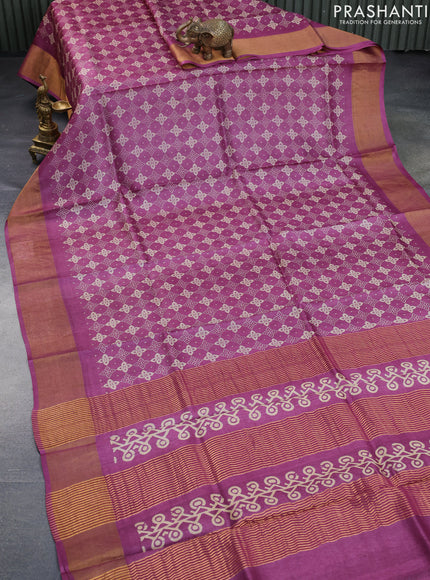 Pure tussar silk saree dark magenta pink with allover prints and zari woven border