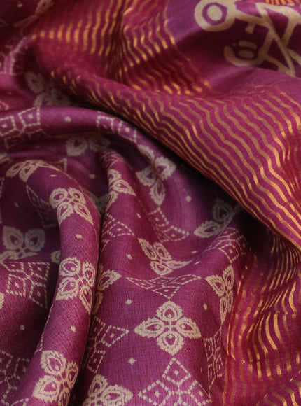 Pure tussar silk saree dark magenta pink with allover prints and zari woven border