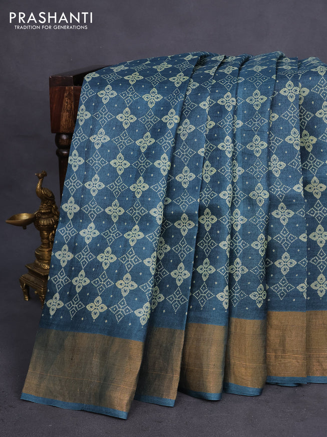 Pure tussar silk saree bluish grey with allover prints and zari woven border