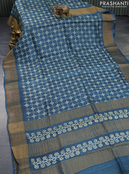 Pure tussar silk saree bluish grey with allover prints and zari woven border