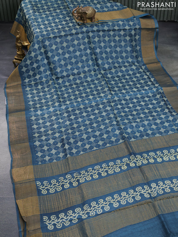 Pure tussar silk saree bluish grey with allover prints and zari woven border