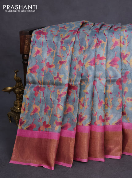 Pure tussar silk saree cream and green with allover prints and zari woven border