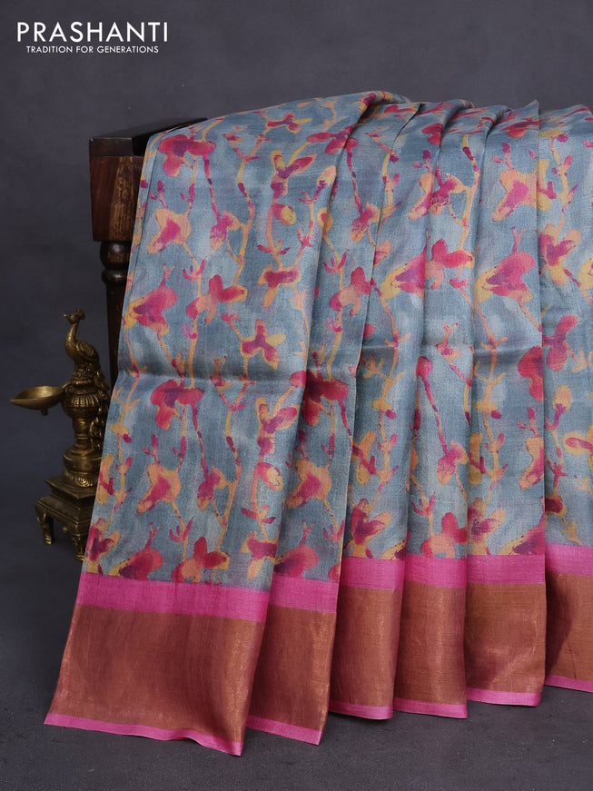 Pure tussar silk saree cream and green with allover prints and zari woven border