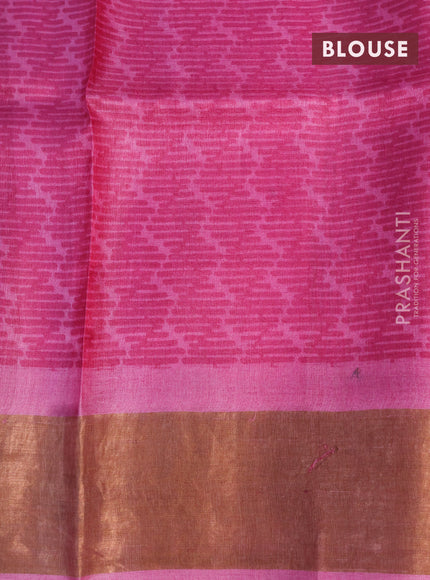 Pure tussar silk saree cream and green with allover prints and zari woven border