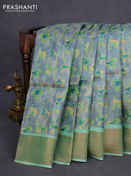 Pure tussar silk saree grey and pastel blue with allover prints and zari woven border