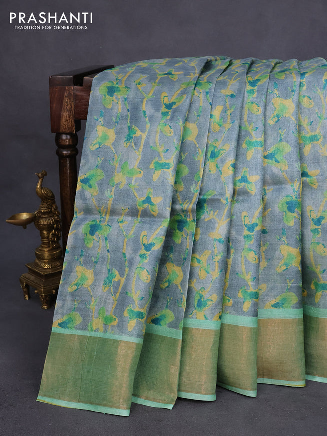 Pure tussar silk saree grey and pastel blue with allover prints and zari woven border