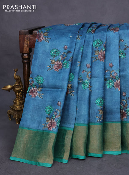 Pure tussar silk saree peacock blue and green with allover floral butta prints and zari woven border