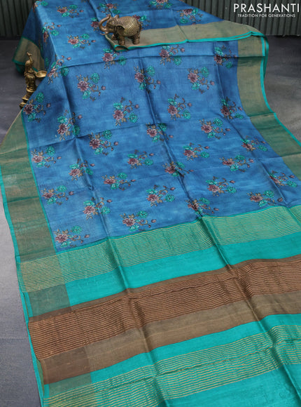 Pure tussar silk saree peacock blue and green with allover floral butta prints and zari woven border