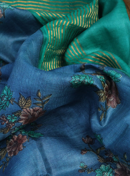 Pure tussar silk saree peacock blue and green with allover floral butta prints and zari woven border