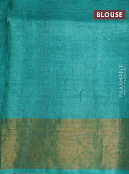 Pure tussar silk saree peacock blue and green with allover floral butta prints and zari woven border