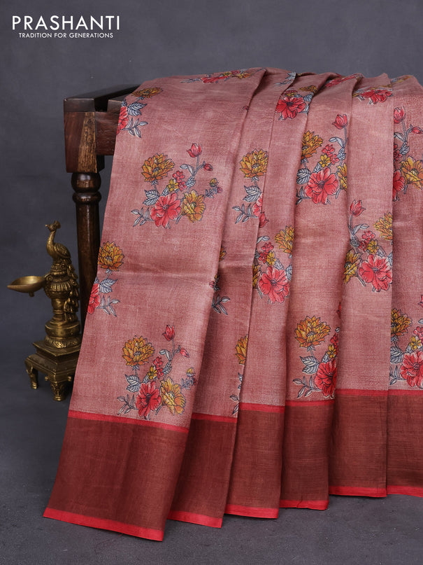 Pure tussar silk saree pastel brown and maroon with allover floral butta prints and zari woven border