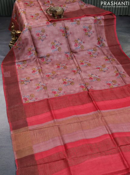 Pure tussar silk saree grey and pastel blue with allover prints and zari woven border