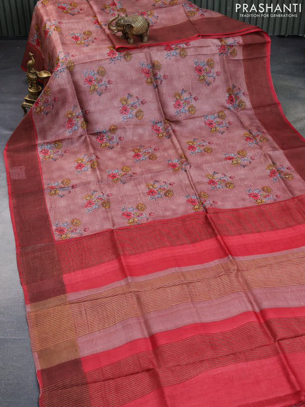 Pure tussar silk saree pastel brown and maroon with allover floral butta prints and zari woven border