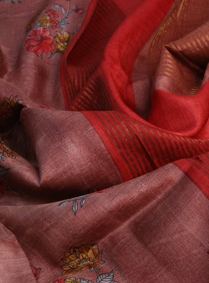 Pure tussar silk saree grey and pastel blue with allover prints and zari woven border