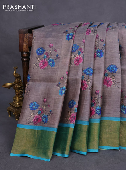 Pure tussar silk saree grey and cs blue with allover floral butta prints and zari woven border