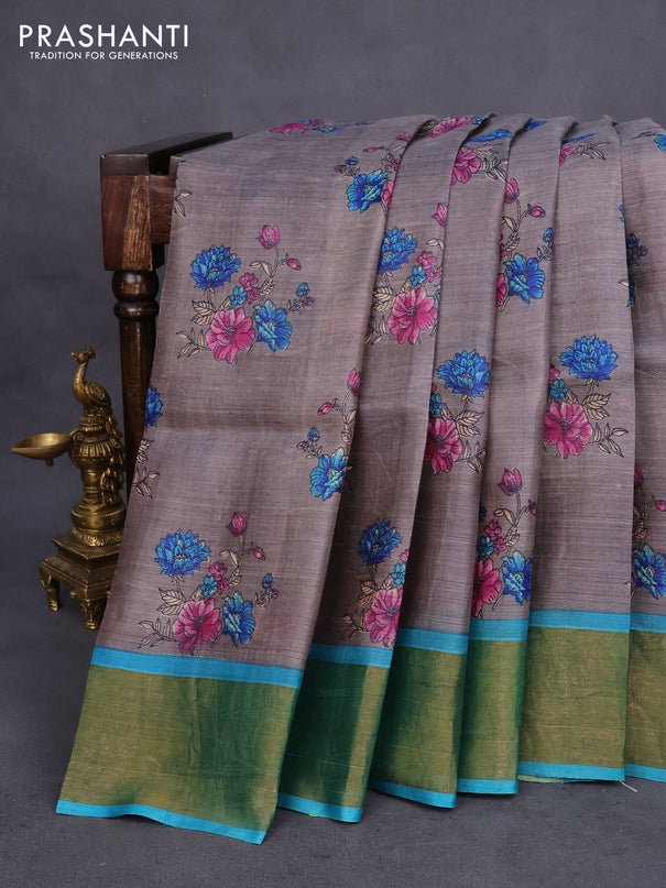 Pure tussar silk saree grey and cs blue with allover floral butta prints and zari woven border