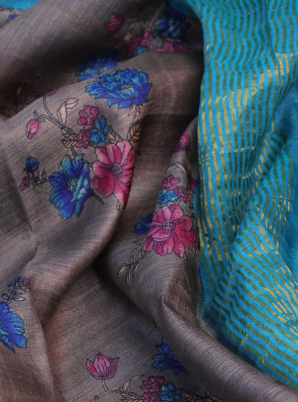 Pure tussar silk saree grey and cs blue with allover floral butta prints and zari woven border