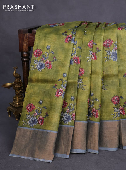 Pure tussar silk saree mehendi green and grey with allover floral butta prints and zari woven border