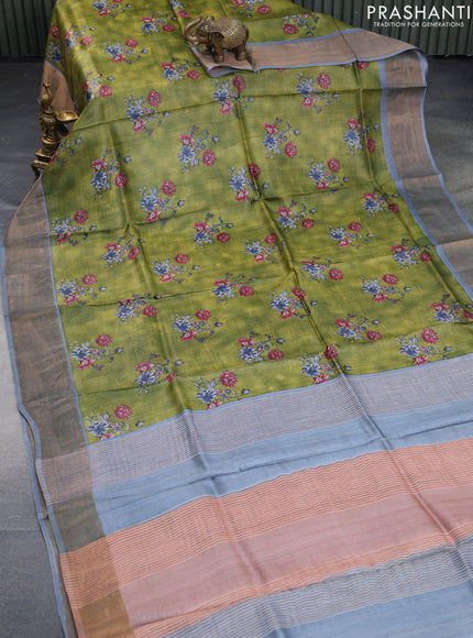 Pure tussar silk saree mehendi green and grey with allover floral butta prints and zari woven border