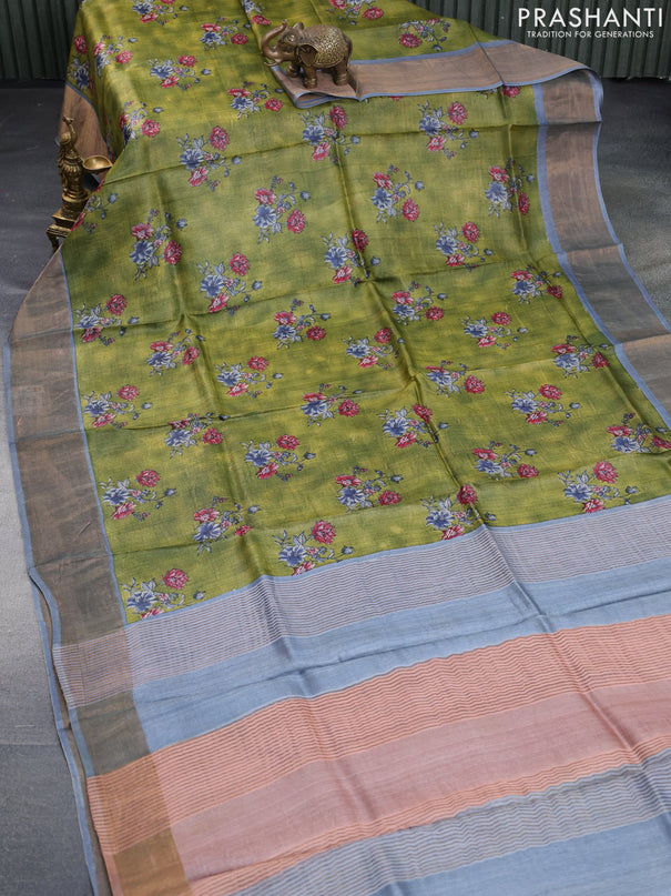 Pure tussar silk saree mehendi green and grey with allover floral butta prints and zari woven border