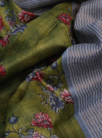 Pure tussar silk saree mehendi green and grey with allover floral butta prints and zari woven border