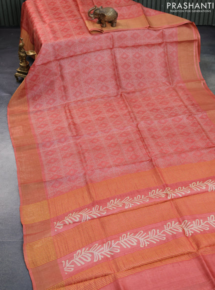 Pure tussar silk saree pastel brown and maroon with allover floral butta prints and zari woven border