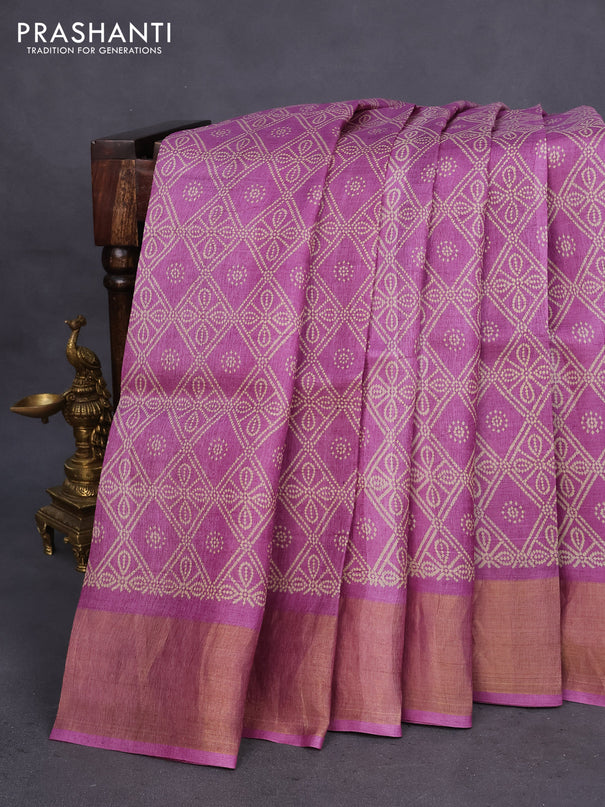 Pure tussar silk saree mauve pink with allover bandhani prints and zari woven border