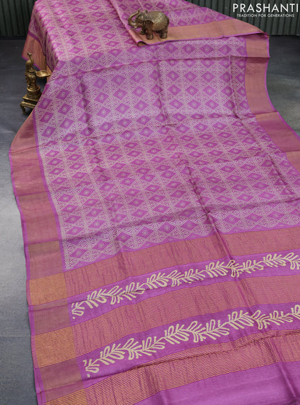 Pure tussar silk saree mauve pink with allover bandhani prints and zari woven border