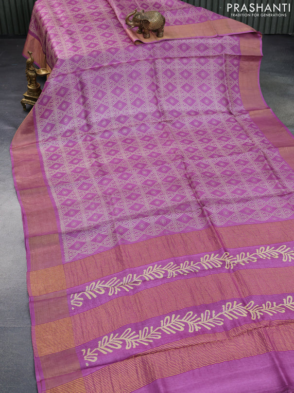 Pure tussar silk saree mauve pink with allover bandhani prints and zari woven border