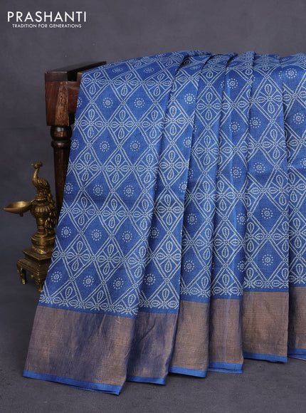 Pure tussar silk saree blue with allover bandhani prints and zari woven border