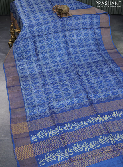 Pure tussar silk saree blue with allover bandhani prints and zari woven border