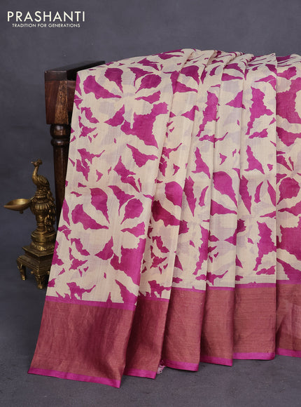 Pure tussar silk saree cream and purple with allover prints and zari woven border