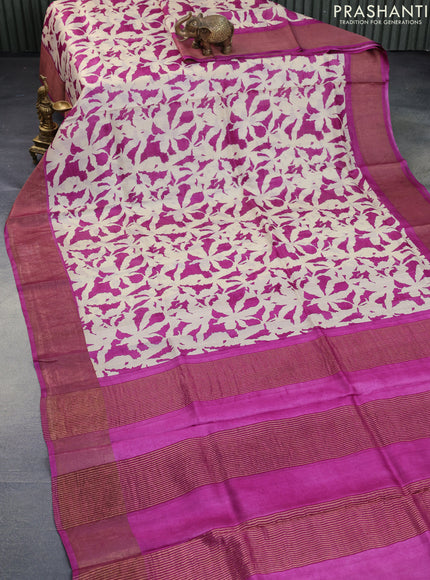 Pure tussar silk saree cream and purple with allover prints and zari woven border