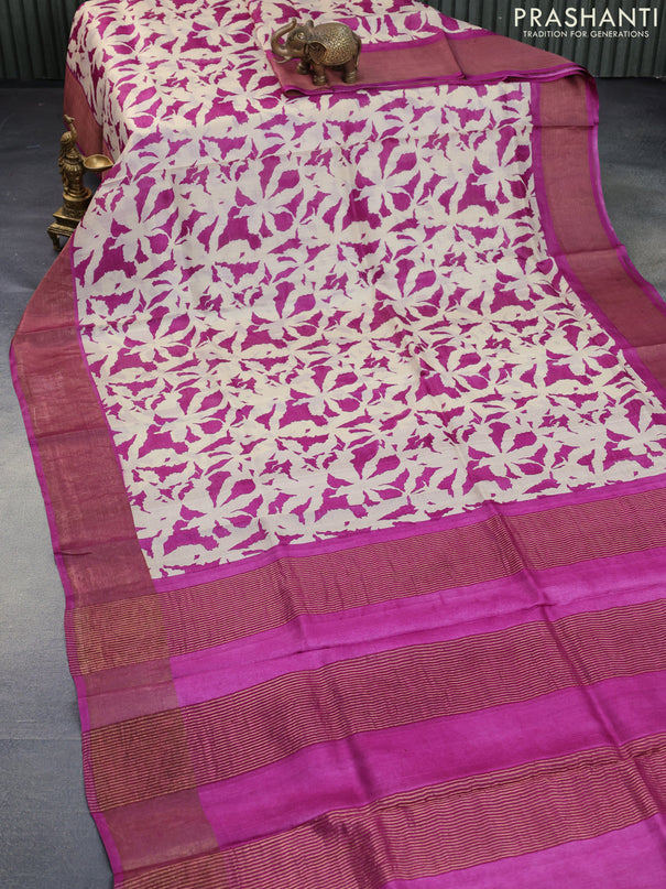 Pure tussar silk saree cream and purple with allover prints and zari woven border