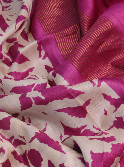 Pure tussar silk saree cream and purple with allover prints and zari woven border