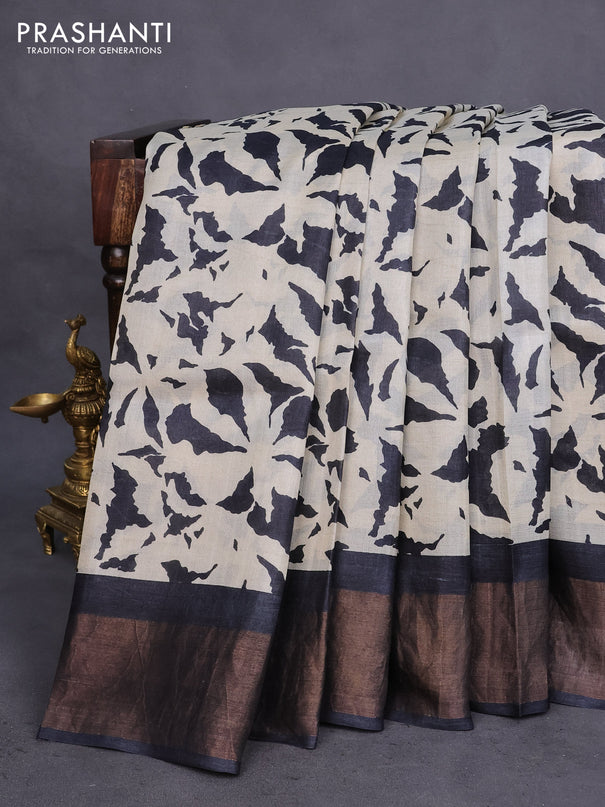 Pure tussar silk saree cream and black with allover prints and zari woven border