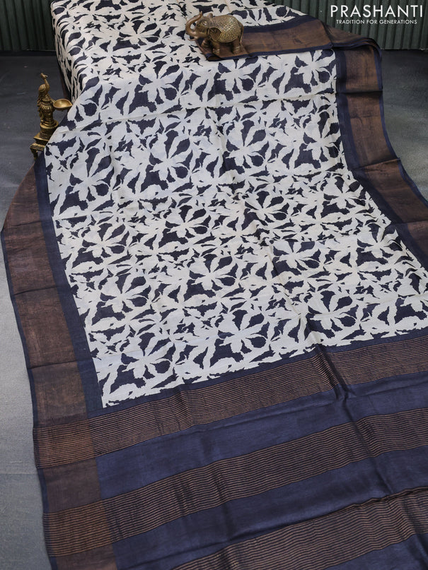 Pure tussar silk saree cream and black with allover prints and zari woven border