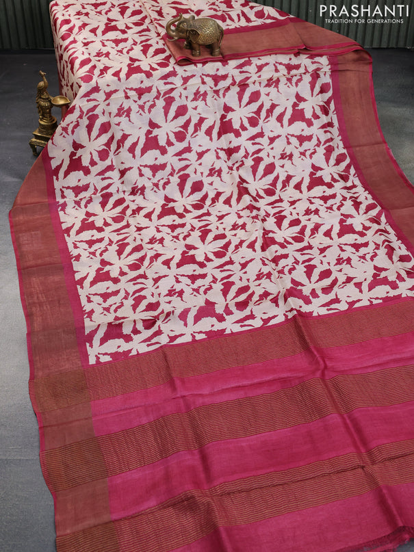 Pure tussar silk saree cream and maroon with allover prints and zari woven border