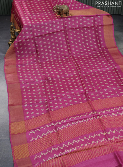 Pure tussar silk saree cream and green with allover prints and zari woven border